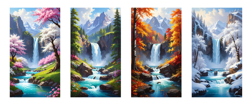Four seasons waterfall in one dramatic vertical painterly set.