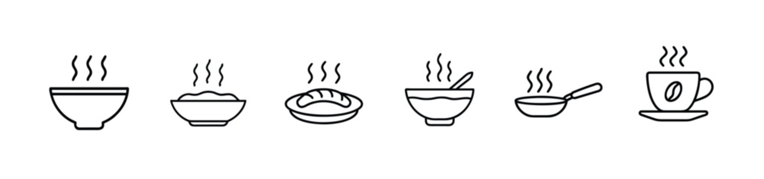Hot food soup cooking web line icons set steam ceramic soup bowl fresh coffee espresso cup kitchen frying pan skillet & more vector illustration with editable stroke