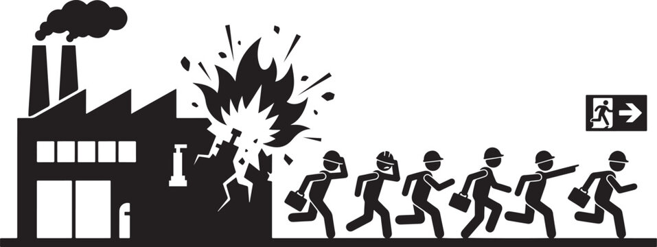Factory Explosion and Workers Running Industrial Accident Silhouette Icon