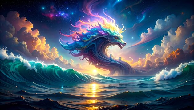 Mythical sea serpent rises from waves under colorful sky