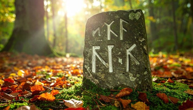 Ancient Norse runes carved on a rough stone slab in a mossy, sunlit autumn forest