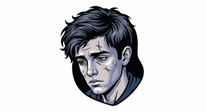 Stylized portrait of a young man with dark, tousled hair and a pensive expression, featuring subtle scars