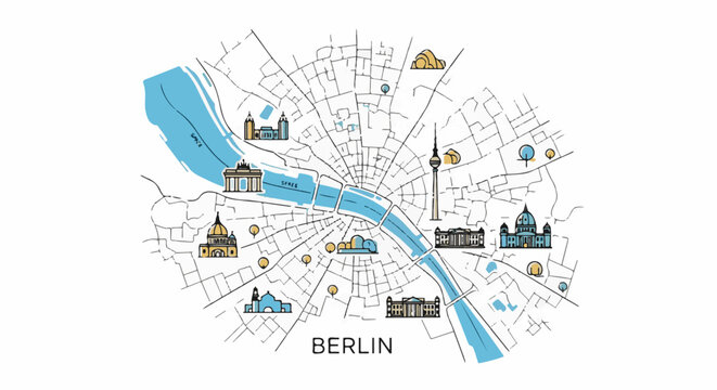 Stylized map of Berlin, Germany, featuring iconic buildings and a river