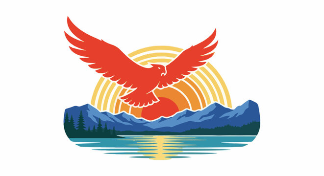 Stylized red eagle soars over a serene mountain lake at sunset