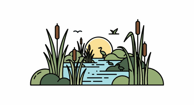 Stylized marsh scene at sunset with cattails, water, birds, and rocks