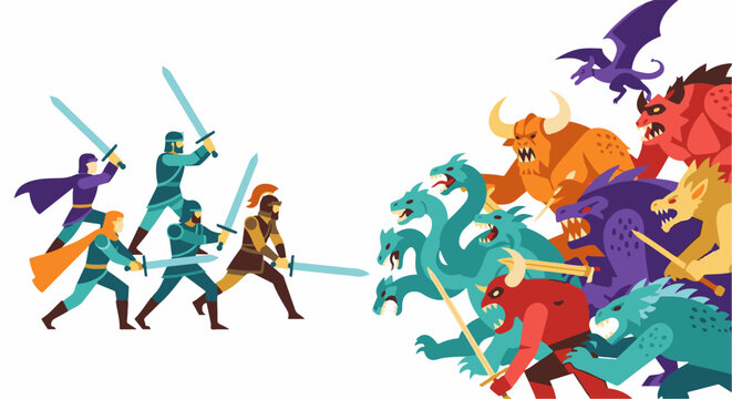 Stylized medieval warriors clash with a horde of mythical beasts in this vibrant digital art
