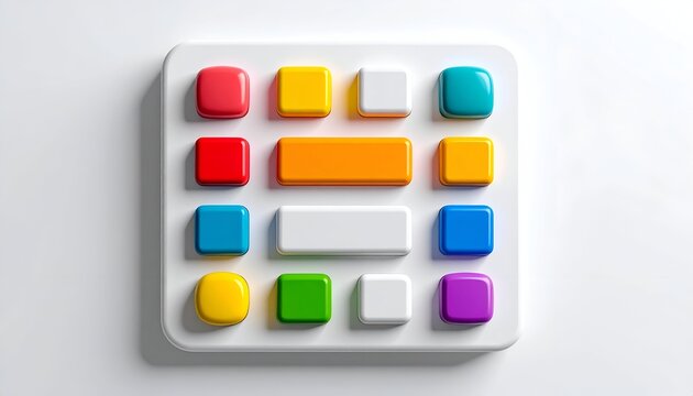 Glossy, rounded colorful squares and rectangles arranged on a white panel