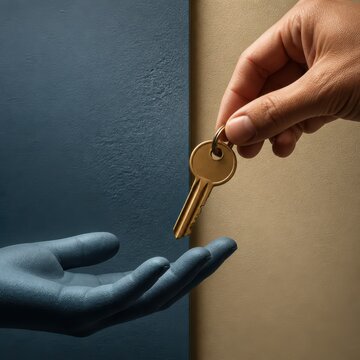 Handing Over a Key Between Gloved and Bare Hands on Split Blue and Beige Background