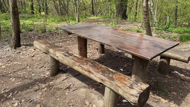 Rough-hewn massive wooden table with benches in a forest