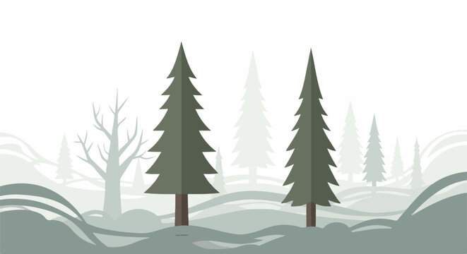 Stylized evergreen trees and bare branches in a misty, muted landscape