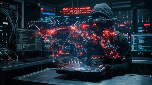 Ultra realistic data breach illustration, glowing world map interface floating above tablet, red danger hotspots connected with digital lines, cyber attack warning symbols, dark cinematic environment,