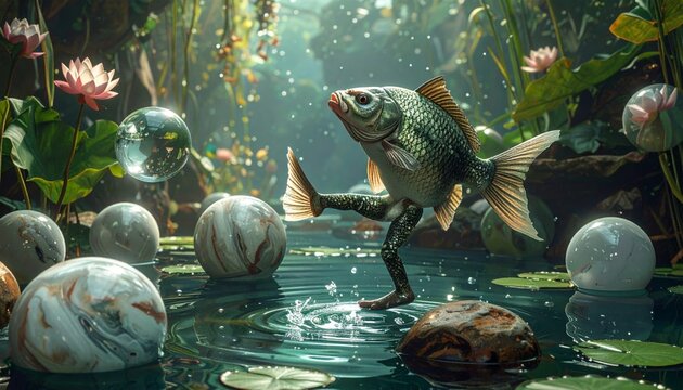 Surreal Fish With Human Legs Tap Dancing On A Lily Pad