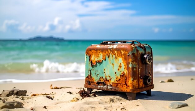 Rusty, old toaster sits on sandy beach, ocean & distant island backdrop