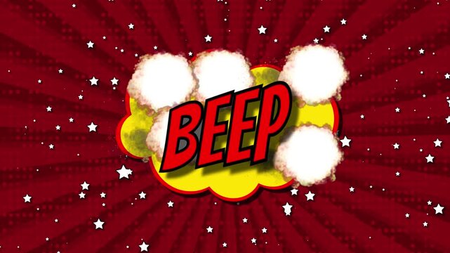 Dynamic Retro Comic Book Animation With The Onomatopoeia Word Beep In Red Font On A Yellow Cloud Bubble. Background Features Dark Red Radial Sunburst Lines And Halftone Patterns With Animated White St
