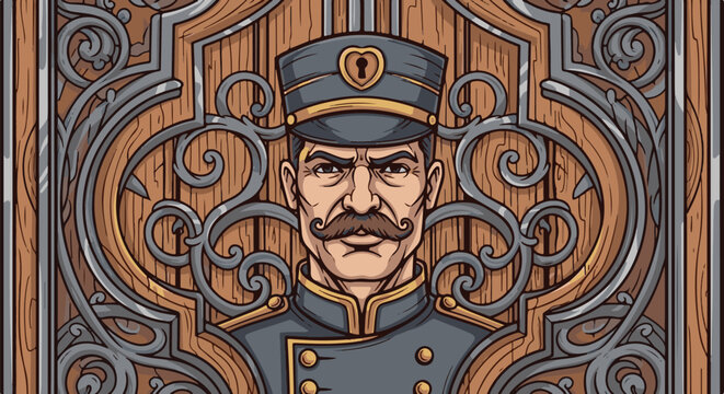 Stern-faced man in uniform, framed by ornate wooden and metal gate