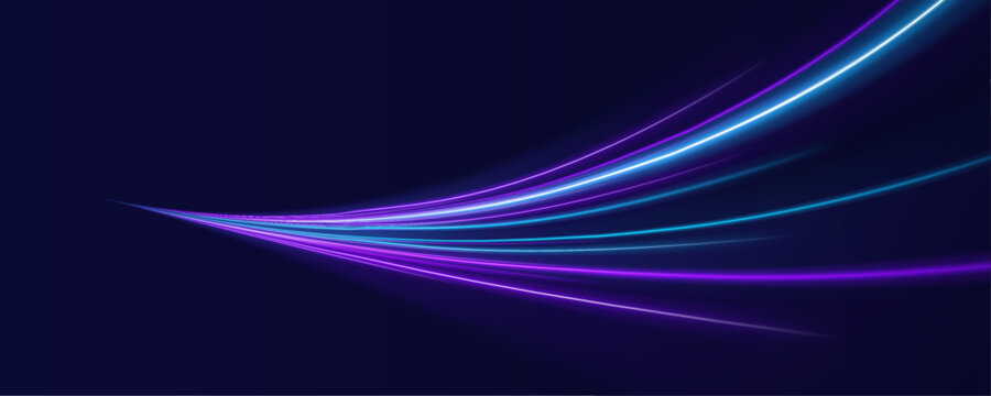 Bright cyan arcs flow along a curved urban highway. Dynamic motion trails simulate rapid futuristic traffic. Night vector scene feels alive.