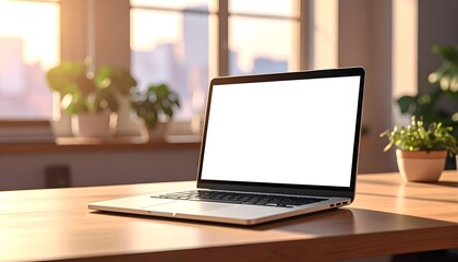 Fototapeta premium Laptop with blank white screen sits on a wooden desk by a sunlit window