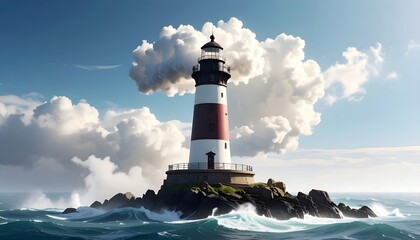 Obraz premium Coastal lighthouse atop a rocky islet, surrounded by white clouds and blue sea