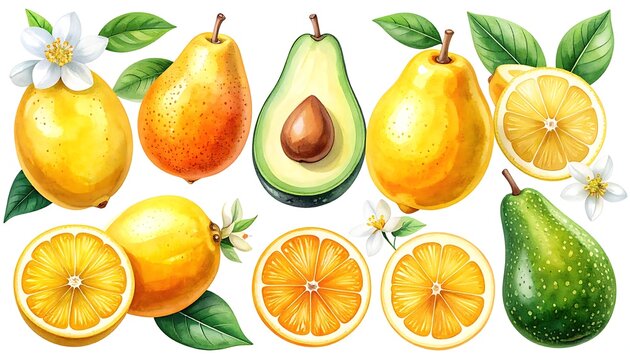 Watercolor fruit medley. Freshly picked pears, lemons, oranges, and avocado, accented with white blossoms and green leaves