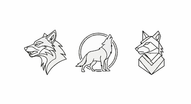 Three Unique Wolf Head Logo Designs in Monochrome Line Art.