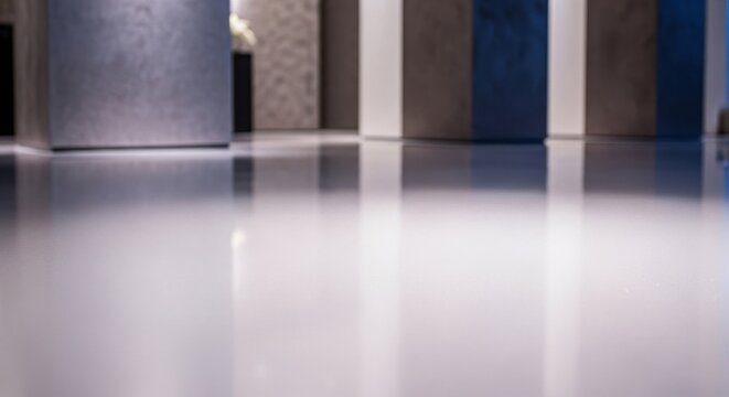 Polished pearlescent resin floor reflecting varied architectural material samples in a modern interior design setting