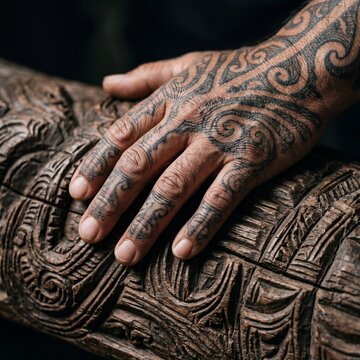 Maori ta moko tattoo hand on carved wood