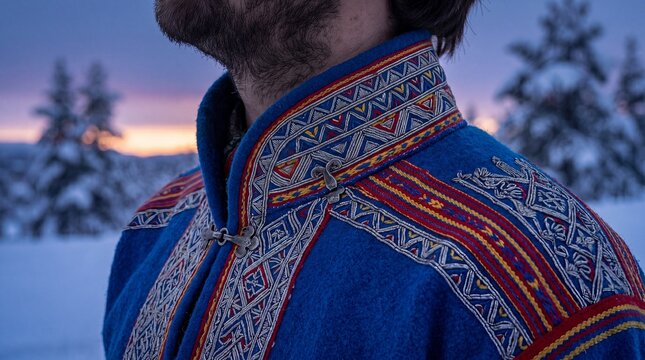 Nordic Sami gakti blue wool pewter embroidery closeup