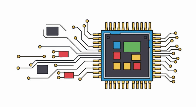 Stylized illustration of an electronic circuit board with a central processor