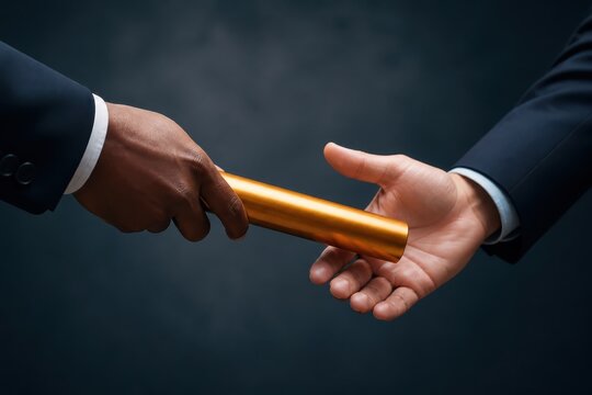 Gold baton handoff between business partners symbolizing teamwork cooperation and leadership in a corporate agreement