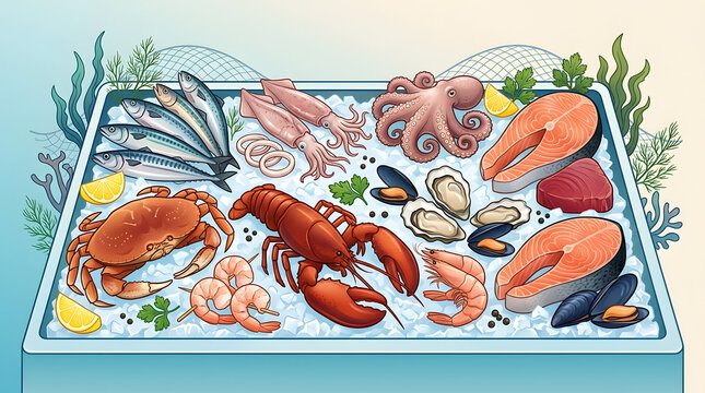 Raw fish and shellfish market counter background vector banner