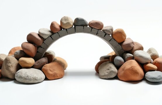 Small stone arch spans pile of earth toned rocks. Miniature bridge made of smooth pebbles and rough stones rests on white backdrop. Natural element artful composition.