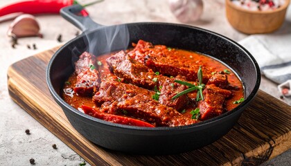 Fototapeta premium Würzige Chorizo-Pfanne mit Steakstreifen