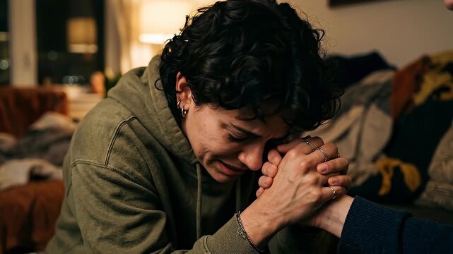 A person experiencing deep sadness clutches their hands, receiving comfort from another person.