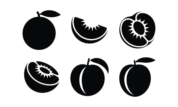 Black and white fruit silhouettes, peaches and kiwi icons set, vector illustration.