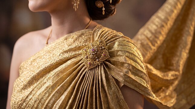 Traditional Thai chut thai gold silk sabai shawl