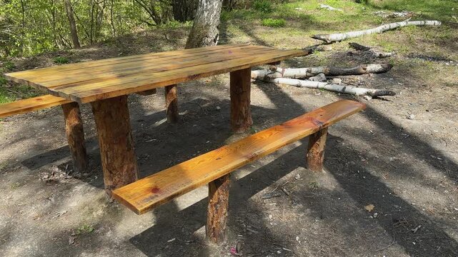 Rough wooden table with benches in recreation area in forest