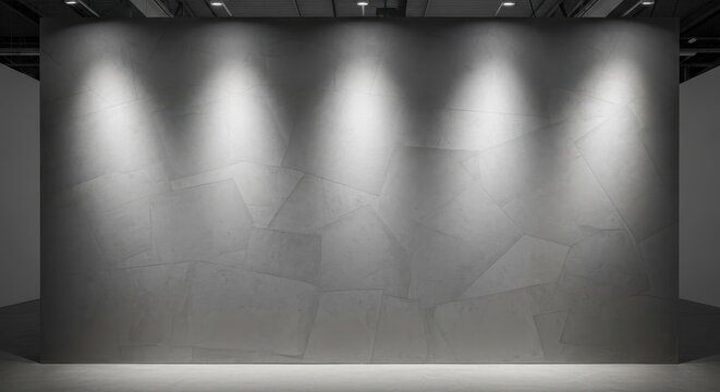 Minimalist grey textured plaster wall with three focused spotlights casting light and shadows