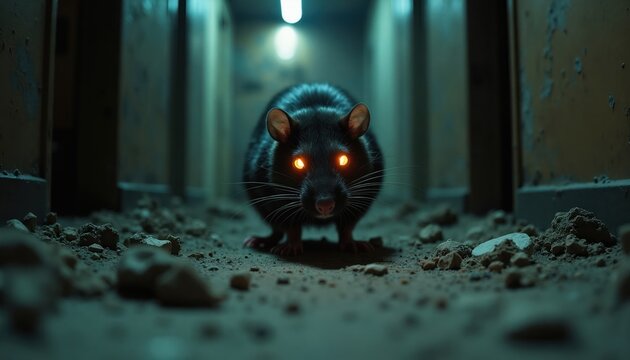 Black rat with glowing orange eyes walks in dark abandoned hallway. Creature moves on dusty floor. Danger, horror and fear elements create creepy mood.