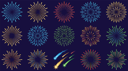 A collection of colorful stylized fireworks and shooting stars against a dark background, perfect for celebration designs. © Damel