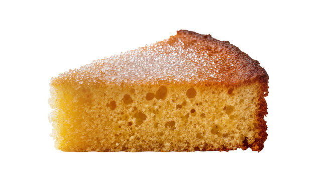 Golden brown sponge cake slice with sugar dusting, isolated on transparent background
