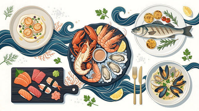 Fresh seafood top view vector flat lay illustration for restaurant menu and commercial design