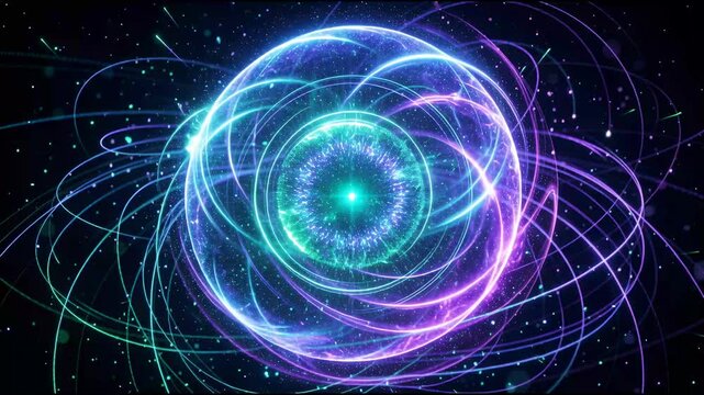Cinematische neonfarbene Energiekugel mit rotierendem Plasma und leuchtenden Partikeln im futuristischen Sci-Fi Stil