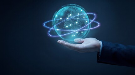 Fototapeta premium Holographic digital globe with orbital network connections held by business professional for global technology communication and worldwide data connectivity strategy