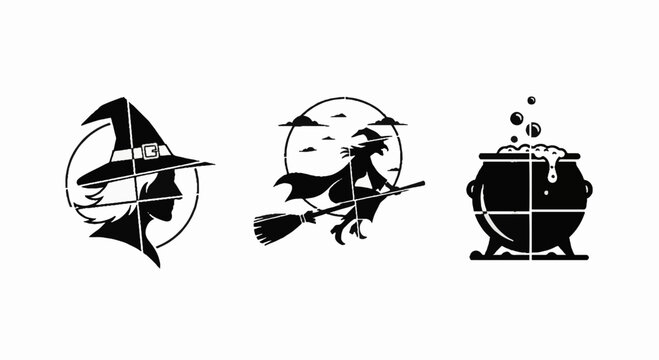 Classic Halloween Witch Icons in Monochrome Silhouette Style.