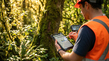 Fototapeta premium Field worker examining moss-covered tree with digital tablet data in forest for environmental monitoring and ecological conservation assessment workflow