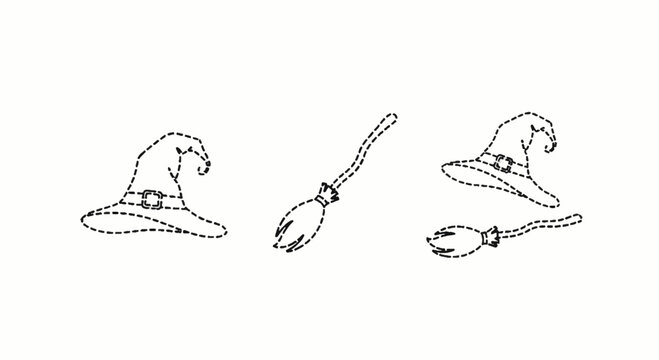 Whimsical Halloween Witch Hat and Broomstick Icons Outline.