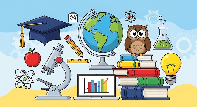 Education and learning icon set including graduation globe, microscope, owl, teacher, student, certificate, diploma, laptop, online learning, study, knowledge, and academic symbols.