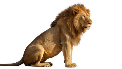 Majestic male lion with full mane sitting regally, isolated on transparent background © Andrej