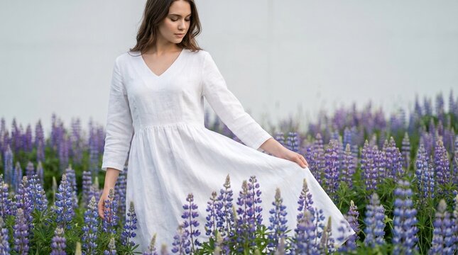 Woman Walking Lupine Field Spring Lavender Flowers 