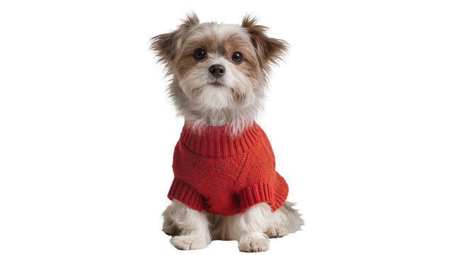 Small shih tzu dog wearing a red knitted sweater, isolated on transparent background